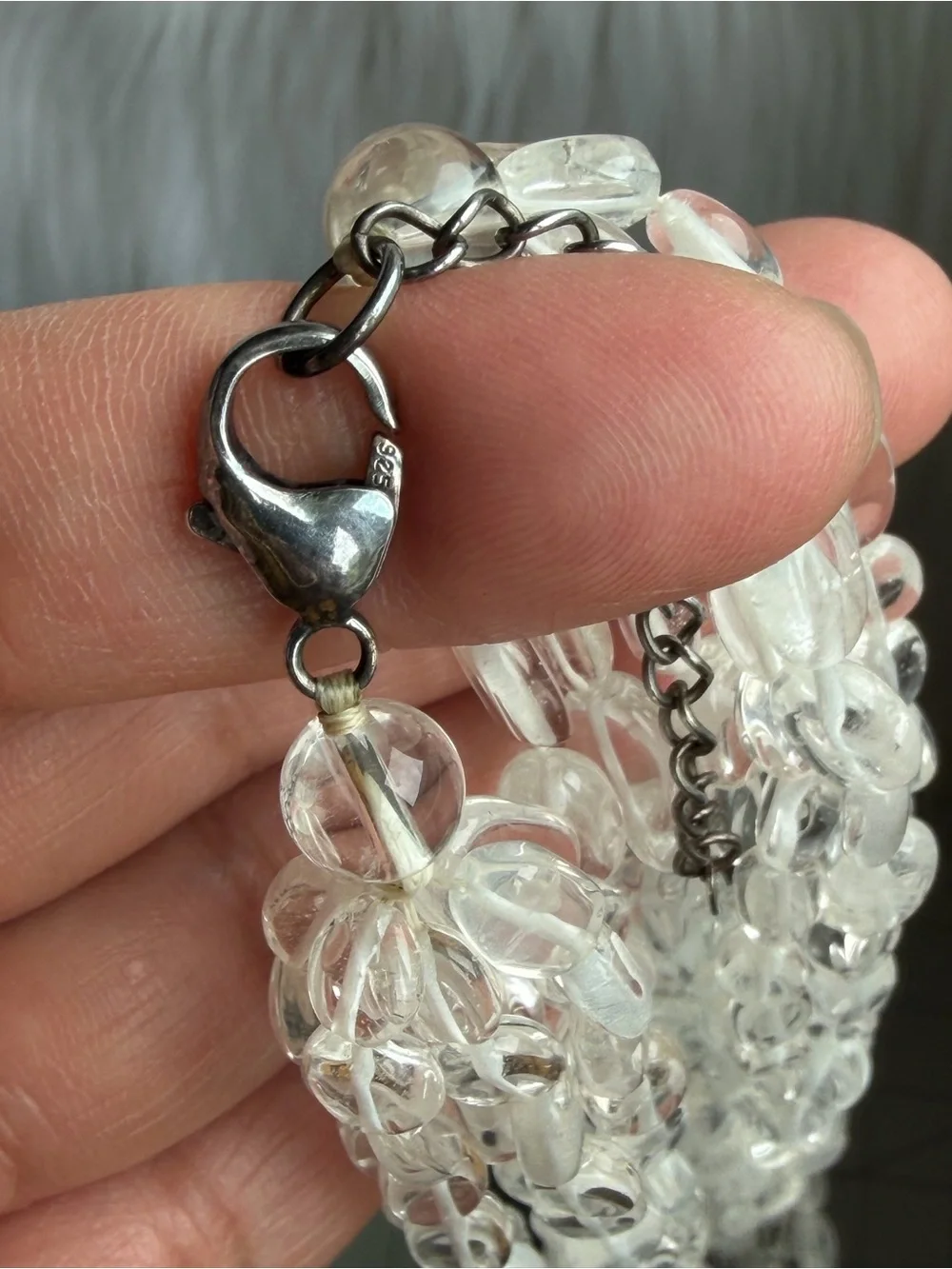 Rock Crytal Semi-Precious Clear Beads Multi-Strand Necklace 925 Sterling Silver